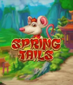 A charming illustration of a white rat dressed in traditional Chinese attire standing in a scenic landscape with mountains. The image promotes the Spring Tails game by Betsoft, highlighted with prominent red and gold logo lettering.