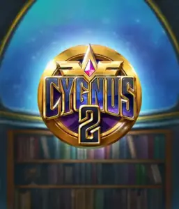 Explore the magical graphics of ELK Studios' Cygnus 2 Slot, featuring a luxurious emblem with a bright purple and gold design. Positioned against a starlit library backdrop, this image conjures the spirit of mystical exploration. 